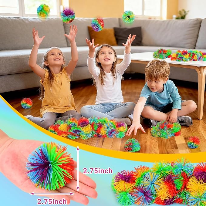 SHQDD 14 PCS Stringy Balls, Sensory Stringy Ball, 2.75 inch Soft Rainbow Pom Bouncy, Basket Stuffers Fillers, Monkey Pom Balls Fidget Toys Stress Ball, Party Favors Birthday Gifts (Multi-Color)