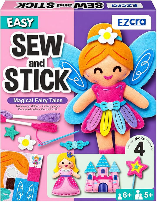 EZCRA Fairy Sewing Kit for Kids Ages 4-8 - 4 Beginner Projects | Children Sewing Craft Kit for Girls. 4 Beginner DIY Projects with Felt Stickers. No Mess Birthday Gift for Girls.