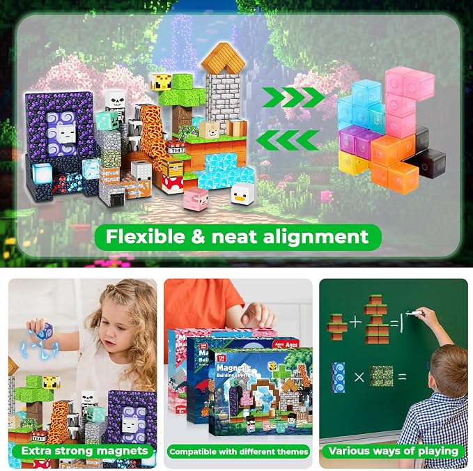 Magneverse 150 PCS 0.8in Magnetic Blocks - Magnet Toys, Magnetic Building Blocks Cubes, Stacking Magnets, School STEM Toys Birthday Gifts for Boys and Girls Age 3+ Years Old (Theme: Adventure World)