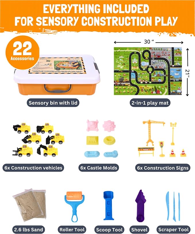 Construction Sensory Bin for Toddlers, 2-in-1 Play Mat, Ages 3+ | 2.6 lbs Moldable Magic Sand · 22-Piece Kit · Snap-lid Bin w/ Handle · Sensory Kit · Learning Activity · Ages 3-7
