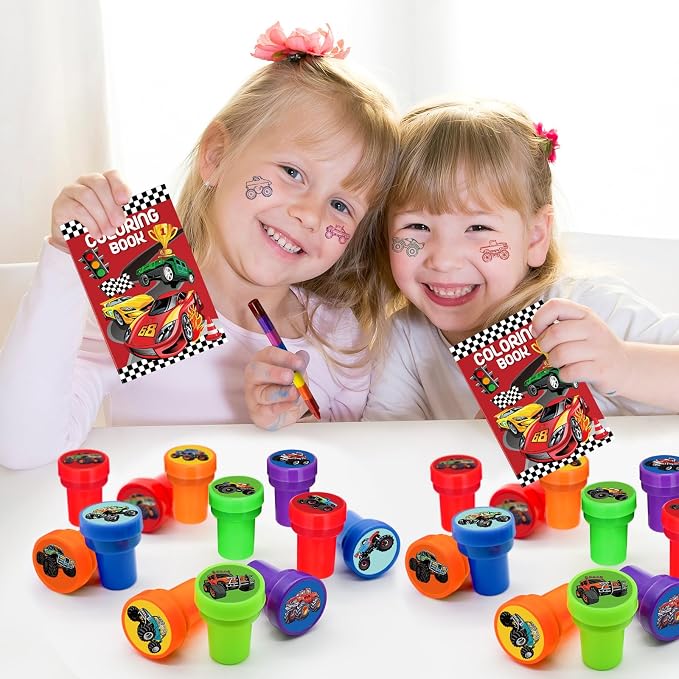 Cinrobiye 24 Pcs Monster Truck Stampers Party Favor Set, Cute Racing Truck Stamps for Kids Birthday Party, Classroom Rewards, Goody Bag Fillers, Car Racing Party Supplies, Monster Truck Themed Toys