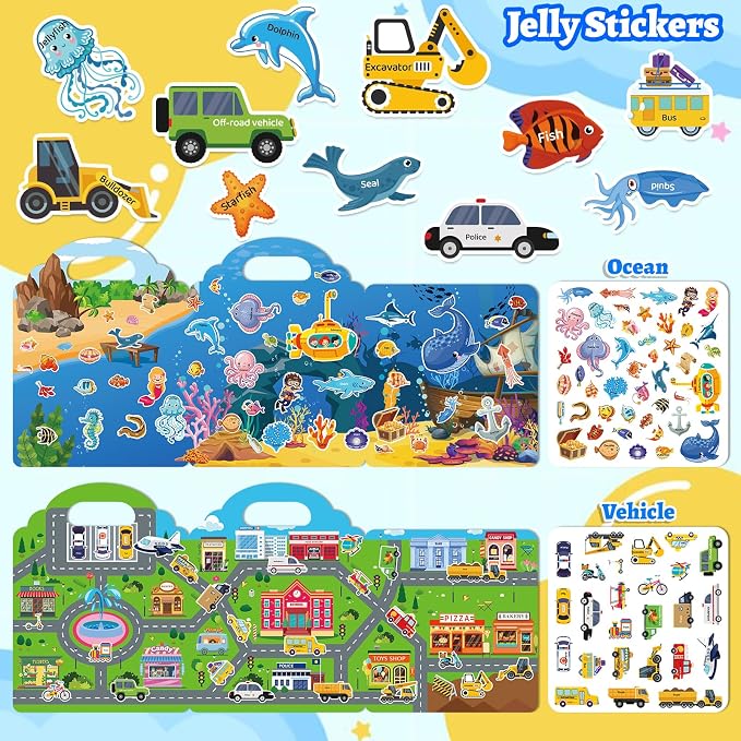 4 Pack Jelly Reusable Sticker Books for Toddlers | Toddler Toys,Birthday Gifts for Boys Girls,Airplane Travel & Road Trip Essentials Kids