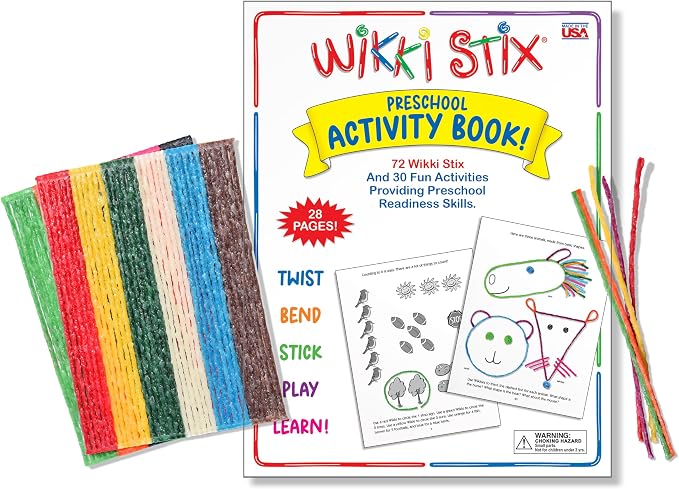 Wikki Stix Preschool Activity Book – 72 Reusable Wikki Stix with 28 Pages & 30 Activities – Educational Toy for Toddlers & Kids – Fine Motor Skills, School Readiness, Travel, Classroom, No Mess Fun