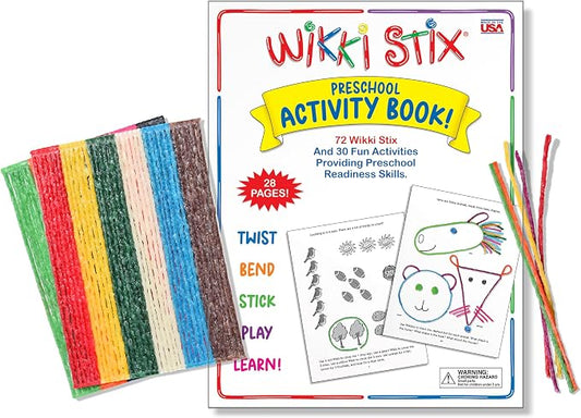 Wikki Stix Preschool Activity Book – 72 Reusable Wikki Stix with 28 Pages & 30 Activities – Educational Toy for Toddlers & Kids – Fine Motor Skills, School Readiness, Travel, Classroom, No Mess Fun