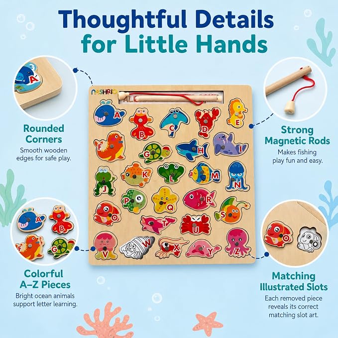 NASHRIO Magnetic Wooden Alphabet Fishing Game for Kids Ages 3-5, ABC Letter Puzzle Board with 26 Sea Animal Pieces, Preschool Learning Fine Motor Toy for Boys Girls 3 4 5