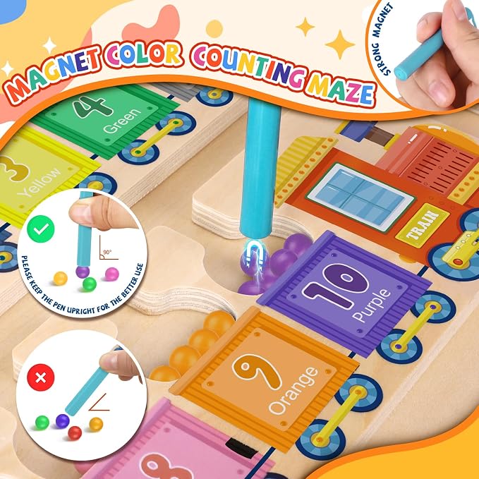 wakeInsa Magnetic Color and Number Maze,Montessori Toys for 2-5 Years Old Boys,Wooden Magnet Balls Puzzles,Toddler Busy Board,Preschool Learning Activities,Christmas & Birthday Gift for Kids