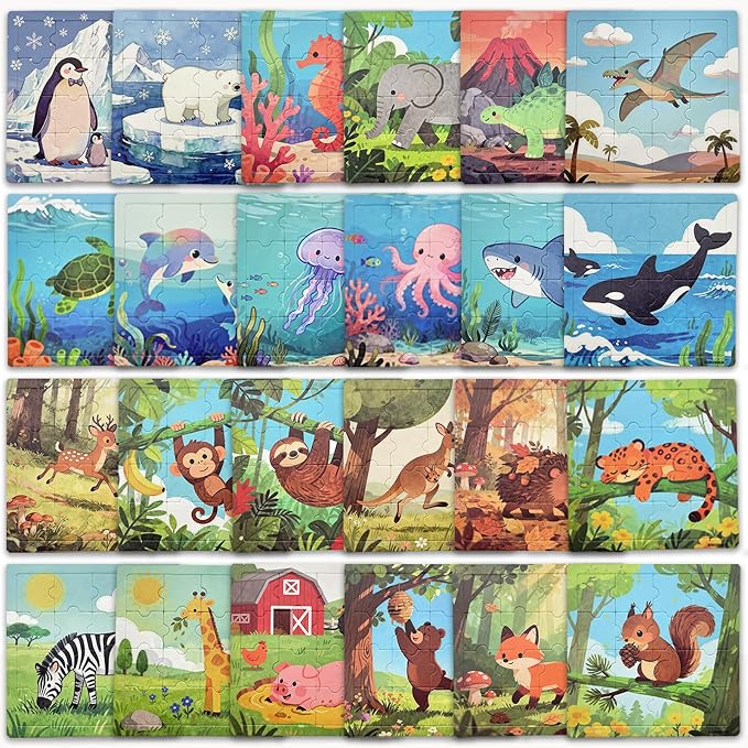 Puzzles for Kids Ages, 24 Pack 16 Pieces Jigsaw Puzzles | With Base Board, Individually Wrapped, Animal Educational Toys, Party Favors Birthday Gifts Classroom Rewards
