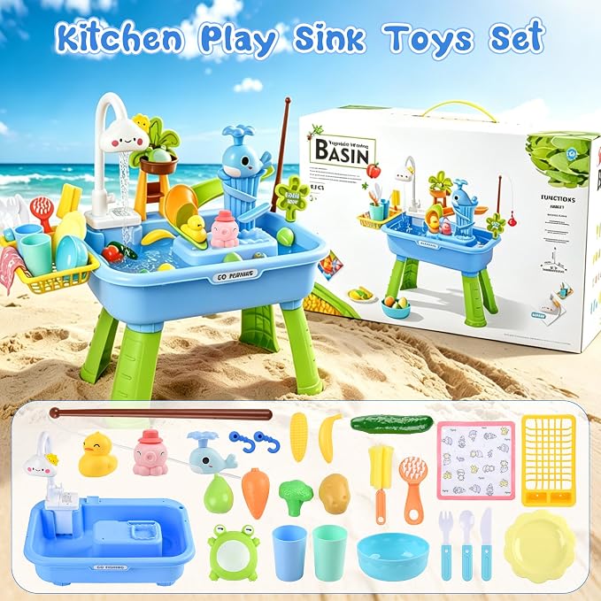 2027 Upgraded 4-in-1 Water Table for Toddlers 1-3, Kids Sensory Table with Electric Water Pump & Faucet, Kitchen Play Sink Toys with Food Accessories, Fishing Toy