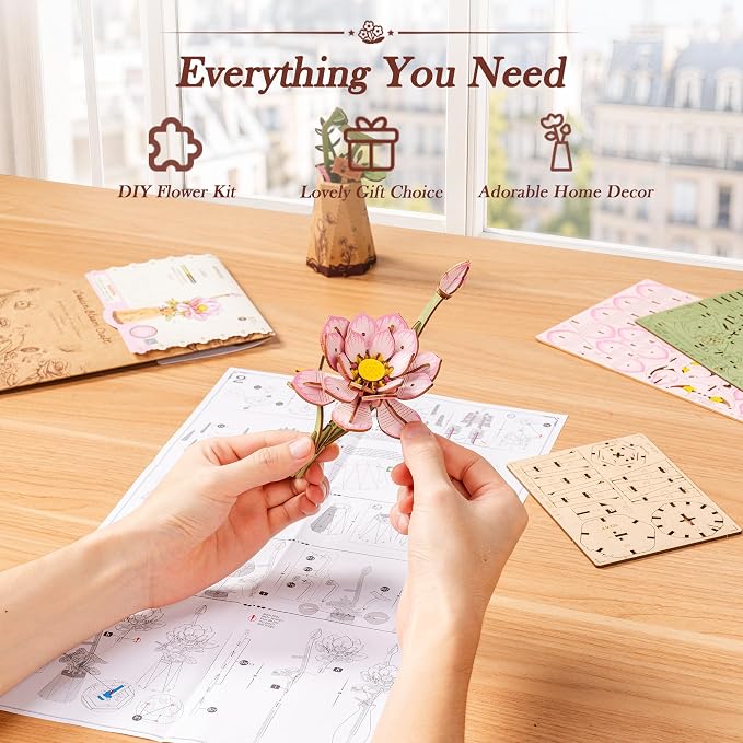 rowood Lotus 3D Puzzles for Adults,Wooden Flower DIY Craft Kits for Women,Botannical Collection Table Decor,Mothers Day/Teachners Day Gift
