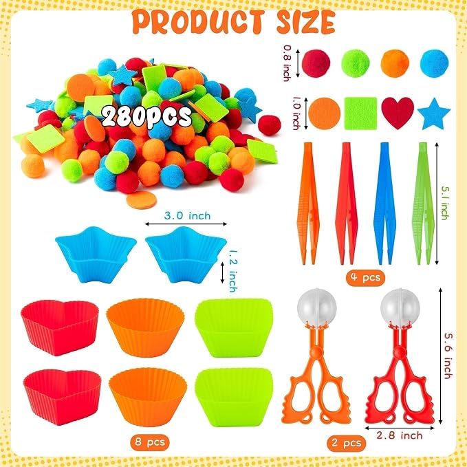 EZdhuawuse Shape Sensory Bin Fillers - 295P Summer Shape Fine Motor Skills Toys Counting Sorting Set for Kids Early Education, Felt Decor Pom Poms Cup Clip for Preschool Counting Sorting Birthday Gift