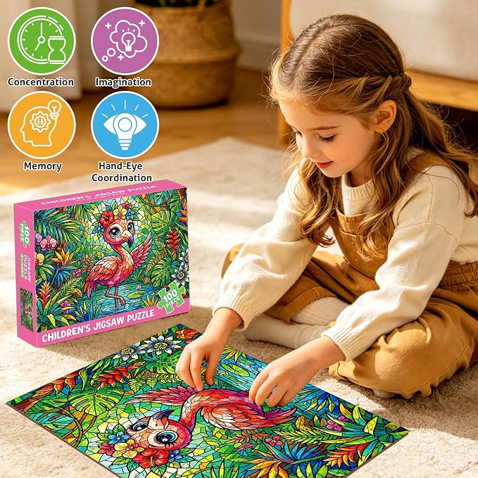 4-Pack 100 Piece Puzzles for Kids Ages 4-8 6-8 8-10, Panda Giraffe Kids Puzzles Ages 4-6 5-8 8-10, Flamingo Fox Stained Glass Forest Animal Puzzle 100 Pieces, Educational Jigsaw Puzzles Gifts 15x10in