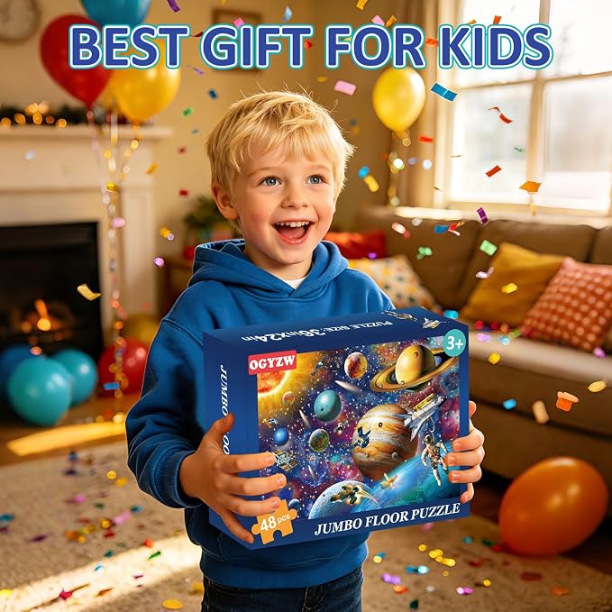 Jumbo Floor Puzzles for Kids Ages 4-6, 48 Pieces Solar System Puzzles | Extra-Thick Large Piece Floor Puzzles for Kids Ages 3-5, Preschool Educational Learning Planet Toys, Gift for Boys & Girls