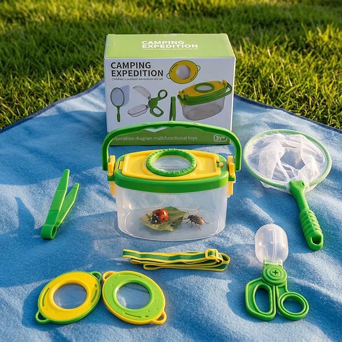 Bug Catcher Kit 6 Pcs - Insect Catching Set with Net, Bug Box, Magnifier & Tweezers - Outdoor Explorer Toy for Kids Age 3-12(Green 6 Pcs)
