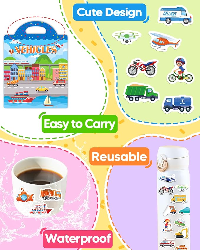 Benresive Reusable Sticker Book for Toddlers, Stickers for Kids, Travel Toy | Toddler Toys, Boys Girls Birthday Gifts, Airplane & Road Trip Essentials Kids, No Mess Waterproof Toddler Crafts Activities