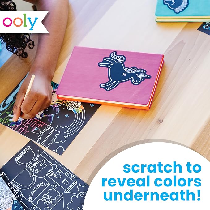 Ooly Scratch & Scribble Art Kit, 8 Cards, Sticker Sheet – Unicorns | Ages 6+, Wooden Stylus and Stickers Included, Screen-Free Portable Car and Airplane Travel Activity, Gift for Kids
