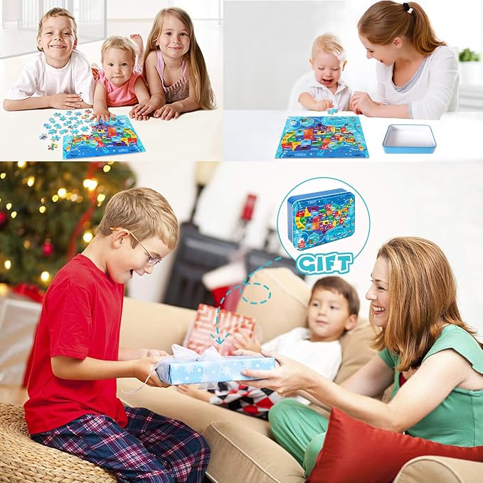 LELEMON United States Puzzles for Kids Ages 4-8,100 Pieces USA Sea Map Jigsaw Puzzles in a Metal Box,Fun America Map Learning Educational Toys for Boys Girls