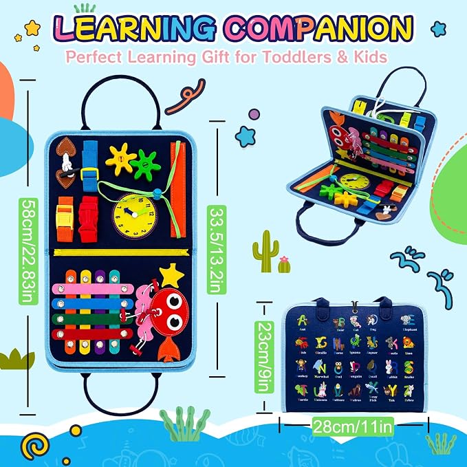 Montessori Busy Board for Toddlers 1-3, 4 Pages 15+ Activities Sensory Toy, ABC Numbers Colors Motor Skills Toy, Toddler Quiet Book Travel Toy, Preschool Educational for Boys Girls, Blue Zoo
