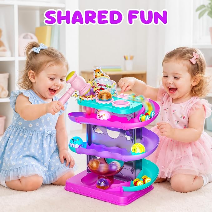 2-in-1 Ball Drop & Car Ramp Race Track Montessori Toy for Toddlers Ages 1-5 | Hammer Rolling Ball, Launch and Race Car-Cause and Effect Sensory STEM Learning Toys for 1-5 Year Old Boys & Girls