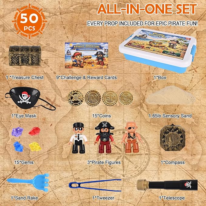Pirate Treasure Chest Sensory Bin for Kids with Sensory Sand | Includes pirate figures, gems, coins and challenge cards for fine motor skills, counting activities Gifts for kids ages 3-6