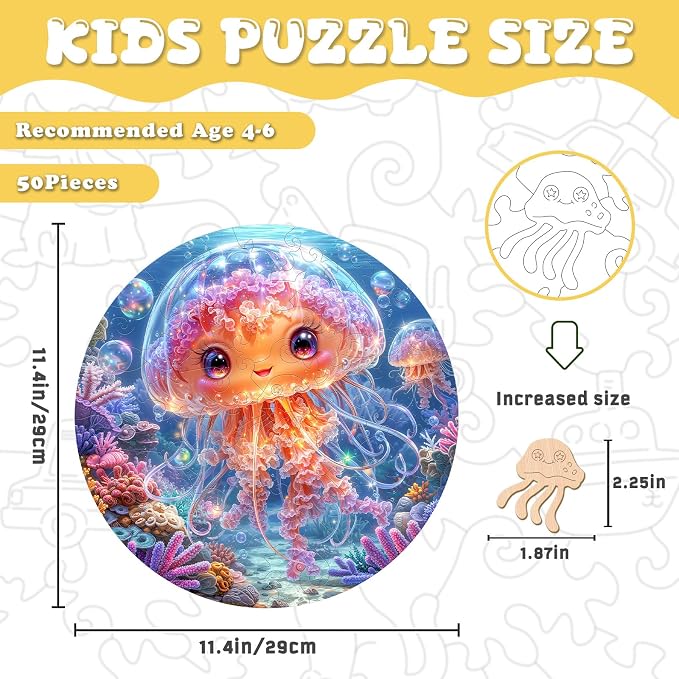 Ocean Wooden Puzzles for Kids - Cute Jellyfish | 50 Piece Puzzles for Kids Ages 6-8, Kids Puzzles with Unique Animal Shapes, Round Gift for Girls and Boys (11.4 * 11.4 in)