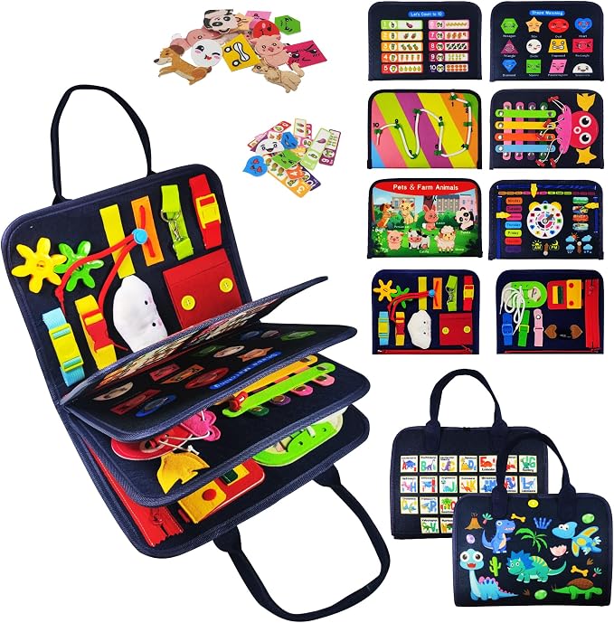 TenFans Busy Board for Toddlers 3+ Years Old, Montessori Sensory Toy | 8-Layer Felt, Educational Learning Fine Motor Skills Activity Board, Travel Toys for Car Airplane, Gifts for Boys Girls