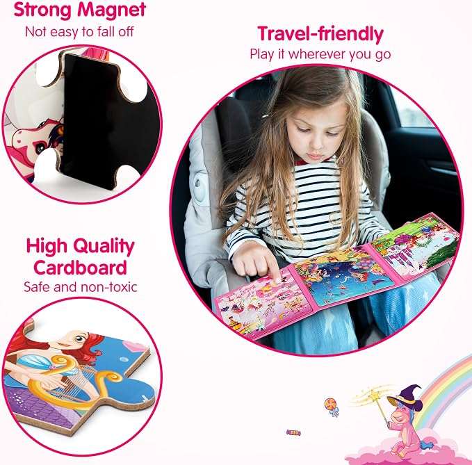 SYNARRY Unicorn Mermaid Princess Magnetic Puzzles for Kids 3-5, Travel Toys | 20-Piece Magnetic Travel Puzzle for Kids Ages 4-6, Car Airplane Road Trip Activities, Quiet Time Toys, Girls Birthday Gifts