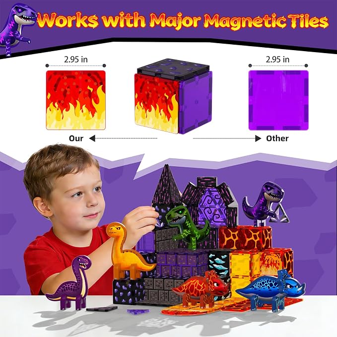 GobiDex 80PCS Dinosaur Toys Magnetic Tiles Building Blocks for Kids Ages 3+ | Jurassic Dinosaur World Adventure Theme, STEM Magnetic Blocks Building Play, Creative Brthday Gifts for Boys Girls