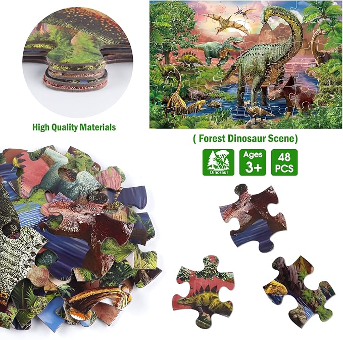 Jumbo Floor Puzzle for Kids,48 Piece Forest Dinosaur Jigsaw Puzzle Ages 3-8 | Thick Cardboard Forest Dinosaur Puzzle for Preschool Learning,Toddlers Ages 3-8,35x24 in Completed,Gift for Boys and Girls