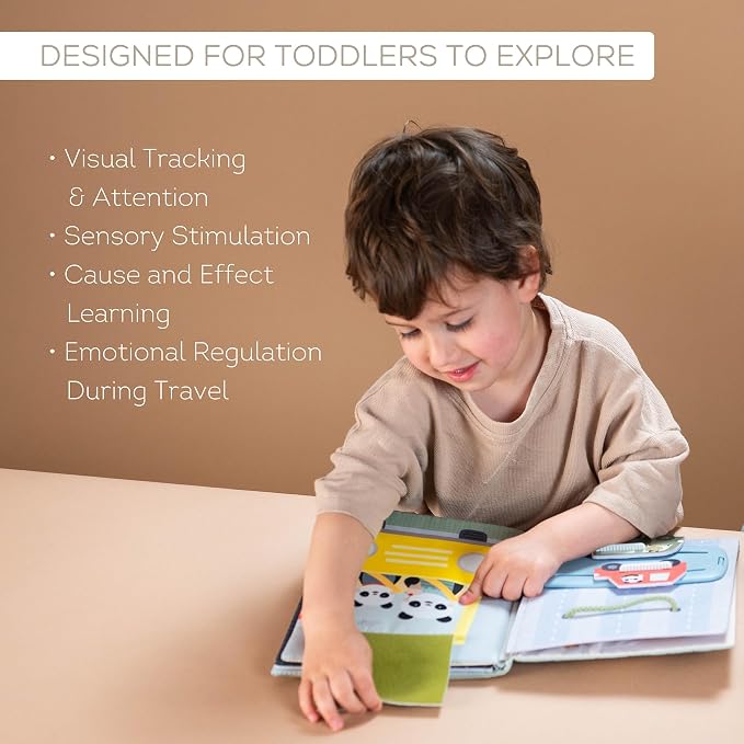Taf Toys Busy Book for Toddlers 1-3 Textures, Crinkle Fabrics & Movable Cars - Montessori Busy Board - Activity Book Learning Quiet Activity Books Gifts Toddler Travel Toys for One Year Old
