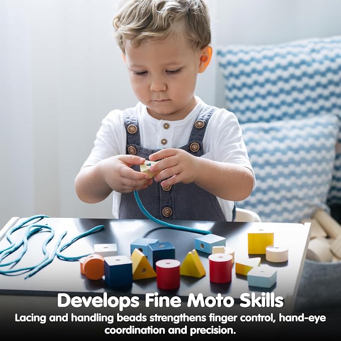PlanToys® Geo Lacing Beads Wooden Montessori Fine Motor Early Math Kids Toy | geo lacing beads, wooden montessori fine motor early math, shape recognition colour exploration, threading coordination, kids