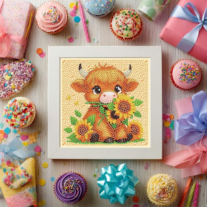 Gemozaic Highland Cow Diamond Art Kits for Kids Ages 6-8-12, 7 x 7 Inch | Animal Diamond Art for Kids 10 Year Old with Frame, Easy Kid Big Gem Painting, DIY Arts and Crafts for Girl Birthday Gift