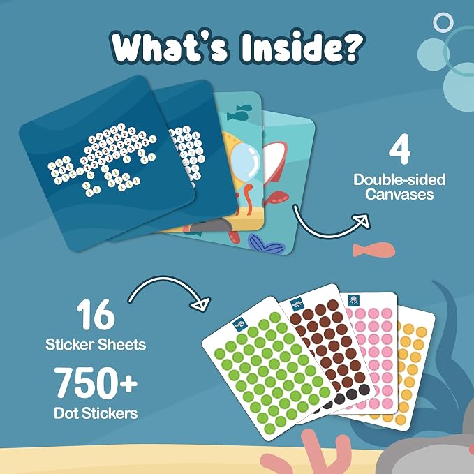 BINCA Dotties Dot Art Activity Kit, 750+ Stickers, Underwater Animals Mess-Free Activities, DIY Dot Sticker Art, Kids Travel Activities, Gifts for Boys & Girls Ages 4,5,6