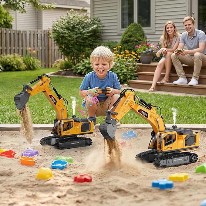 Remote Control Excavator Toy for Boys, 2.4GHz RC Excavator Toys with Metal Bucket, 12-Channel Construction Vehicle with Mist/Lights/Sound, 2x1200mAh Batteries, STEM Birthday Gift for Kids 3-12