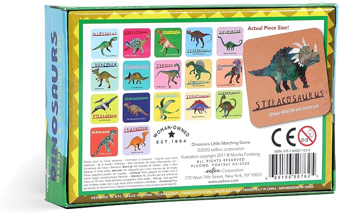 eeBoo Little Dinosaurs Memory & Matching Game, Ages 3+, 1-4 Players | Teaches dinosaur names & pronunciation. Sharpens recognition, concentration & memory skills. Includes 36 tiles, 18 pairs