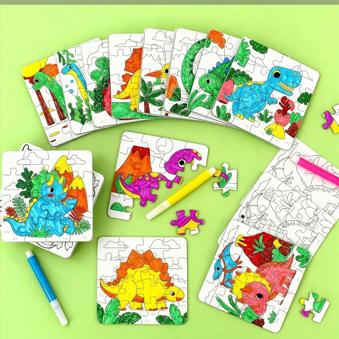 Dinosaur Puzzles for Toddlers 2-4, Dinosaur Crafts DIY Art Activities Toys | 24 Set Color Your Own Craft Blank Jigsaw, Fall Classroom Gift for Kid Adult Birthday Party Favors Coloring Game Supplies Bulk