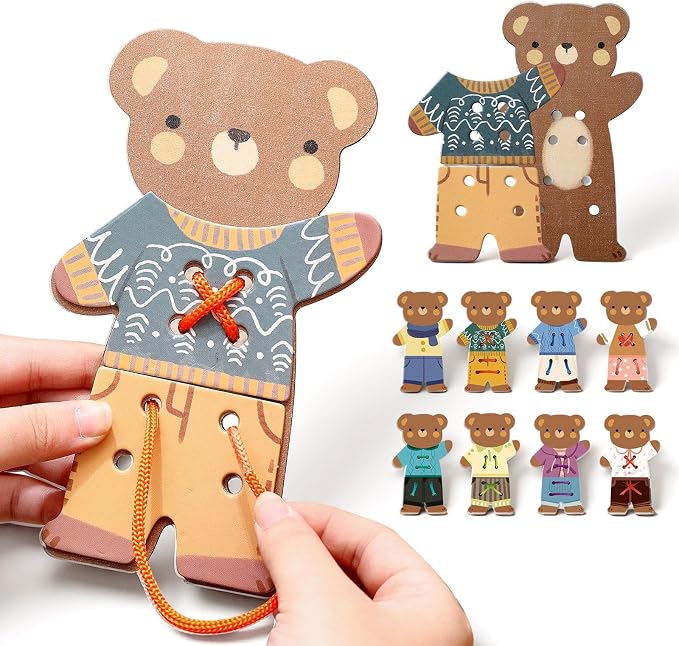 Lacing Threading Toy Wood Lacing Threading Toy for Children with Sturdy Strings and Clothing Pieces for Fine Motor Skills Hand Eye