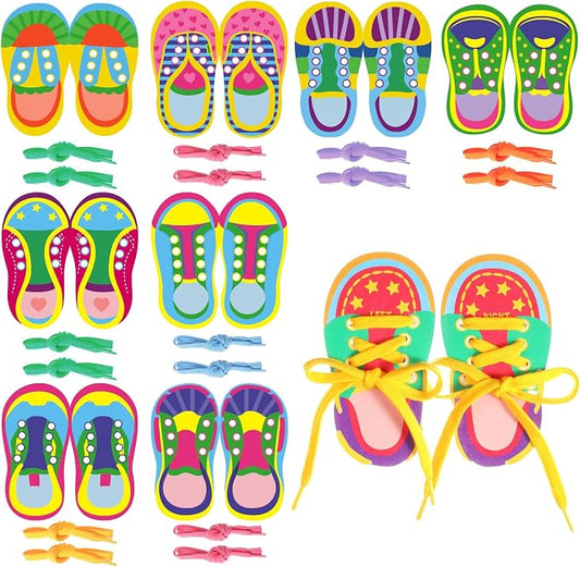 Capoda 9 Sets Back to School Lacing Cards Shoes Educational Threading Toy for Classroom Wooden Lacing Card Toys with Colorful Threads for Develop Imagination Early Education and Learning Activity