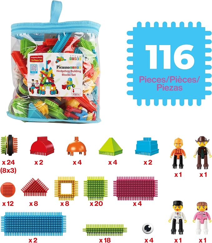 PicassoTiles 116 Piece Hedgehog Building Blocks, STEM Toy Set Kids Ages 3+ | soft interlocking bristle tactile construction, 4 action figure characters, decorative eyes, early educational creative play
