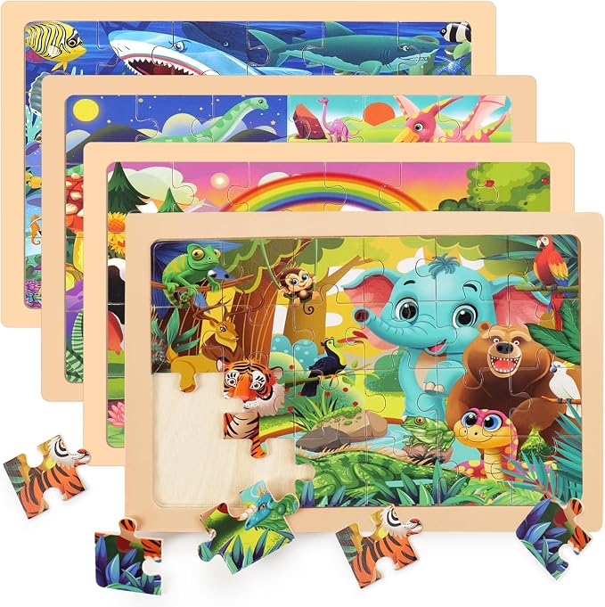 4 Packs 24 PCs Wooden Puzzles for Kids Ages 3-5, Montessori Toddler Jigsaw Puzzles, Preschool Educational Toys Gifts for Children Ages 4-8, Puzzles Boards Toys Gifts Easter Basket Stuffers