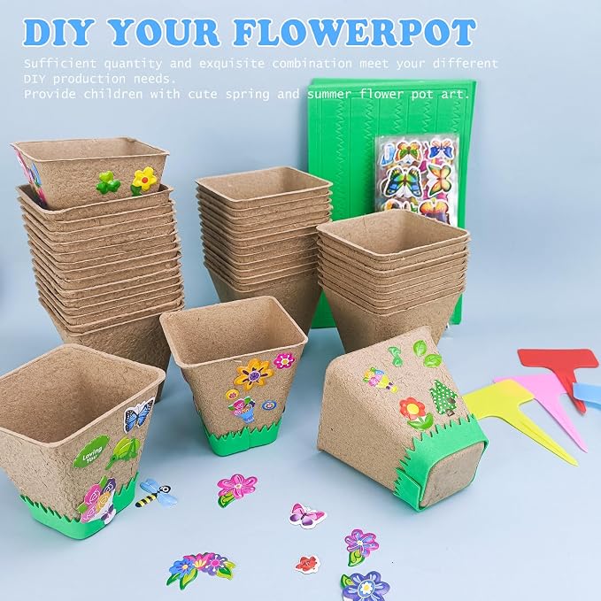 Garden Paper Pot Craft Kit, 40 sets Seed Starter, Spring Summer Kids DIY | Flower Pots Craft Kit For Kids, Earth Day Activities With Paper Pots, Stickers & Labels, Spring Crafts For Earth Day Fun