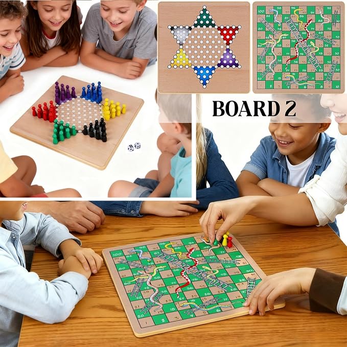 Glintoper 5-in-1 Wooden Board Game with 2 Reversible Boards for Chess, Checkers, Chinese Checkers, Snakes and Ladders, Tic Tac Toe, Tabletop Combo Classic Portable Board Games for Kids to Adult