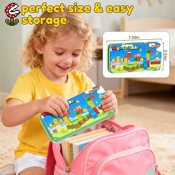 KAEILORU Magnetic Blocks Travel Toys for Kids Ages 4-8,35PCS Magnetic Cubes | STEM Learning Set with Portable Iron Storage Box Construction Learning Toys for Toddlers Ages 3-5