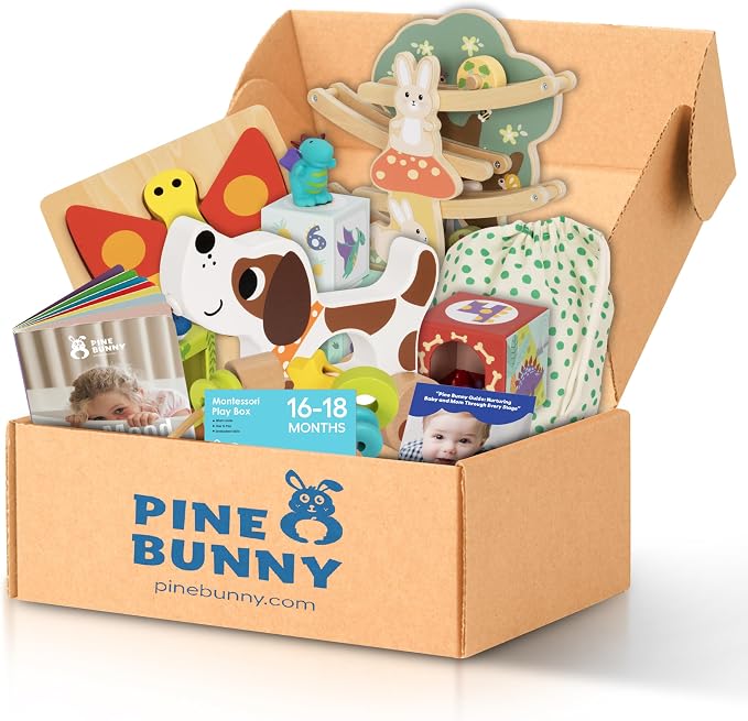 Pine Bunny Montessori Wooden 11-in-1 Toy Set for 16+ Months, Lacing Beads, Wooden Marble Run, Dinosaur Nesting Boxes, Butterfly Puzzle Pull Along Dog Educational Learning Counting STEM Fine Motor Toys