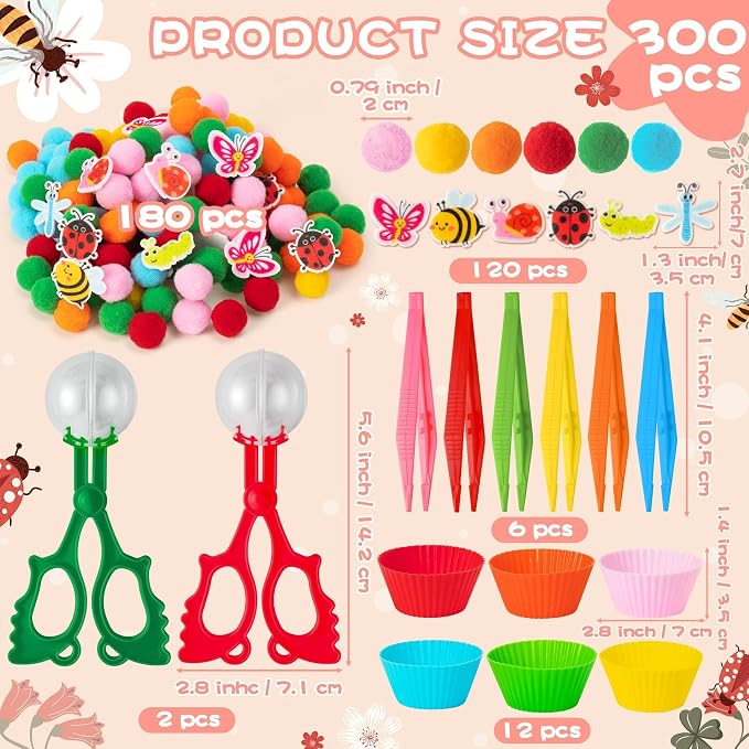 EZdhuawuse Summer Insects Sensory Bin Fillers - 321P Summer Bee Fine Motor Toys Counting Sorting for Easter Gift, Counting Toy with Felt Butterfly Pom Pom Cup Clip for Preschool Education Activities
