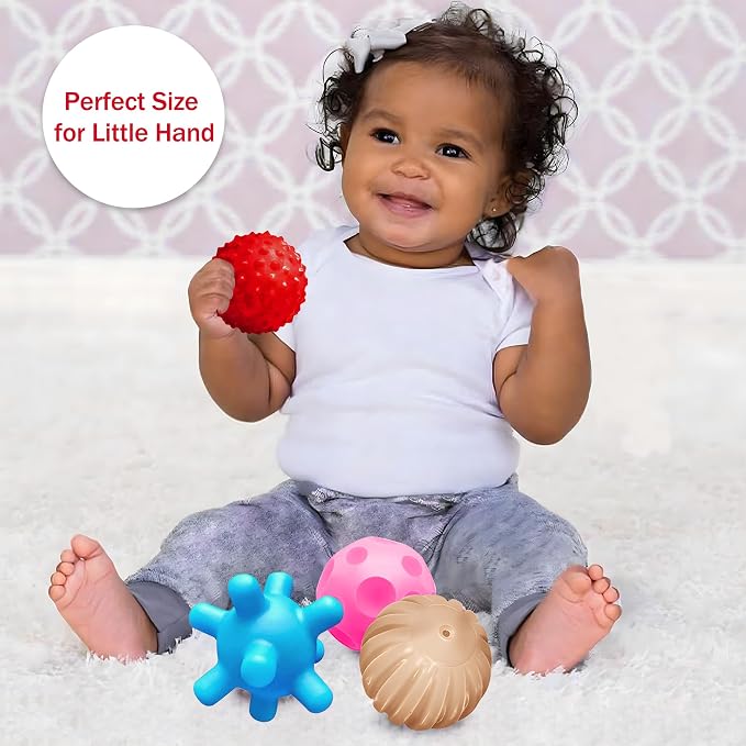 Baby Sensory Balls, 4 Pack Textured Toys for Babies 3 Months+ | Bright Colors, Raised Bumps, Easy to Squeeze, Roll and Grab, Teething Play, Tummy Time & Fine Motor Play, Infant Gift