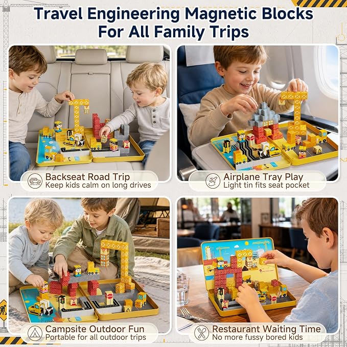 Magnetic Engineering Travel STEM：100PCS Blocks Kit for Boys Ages 3-8 | N32 Strong Magnets, 300+ Builds, 60+ Min Focus, 675g Ultra-Slim Tin, 1-Min Storage, ASTM Certified, Ideal for Travel