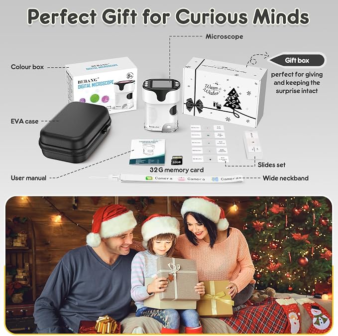 Kids Digital Microscope Science Gift: Complete STEM Toy Kit for Ages 4-12 | 32GB Card for Photos & Video / Custom EVA Case / Real Glass Slides / Upgraded 3mm Slide Slot / 2.5H Rechargeable Use