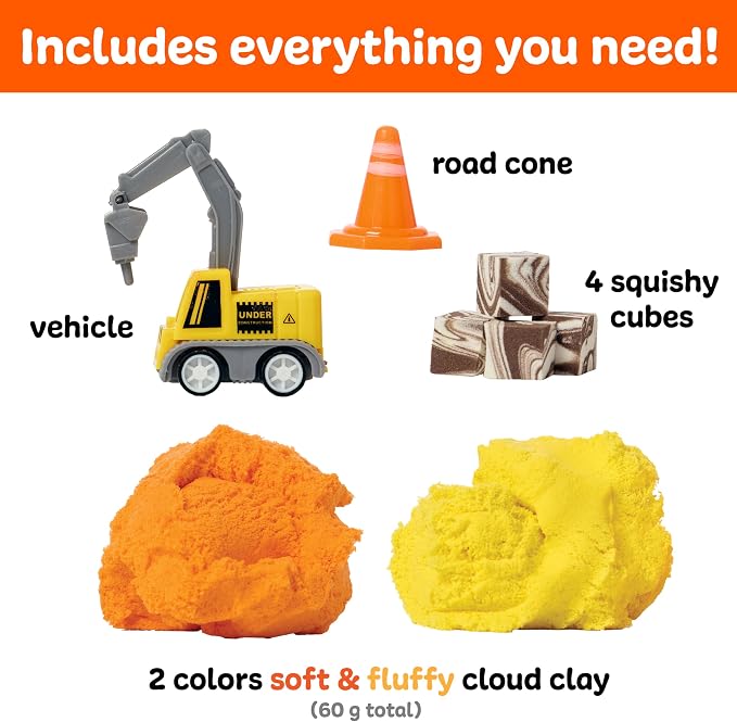 Creativity for Kids Sensory Minis Construction Kit | Cloud Clay Sensory Toy with Excavator for Kids | Summer Activities for Kids that are Mess-Free, Screen-Free Travel Toy (Ages 3+)