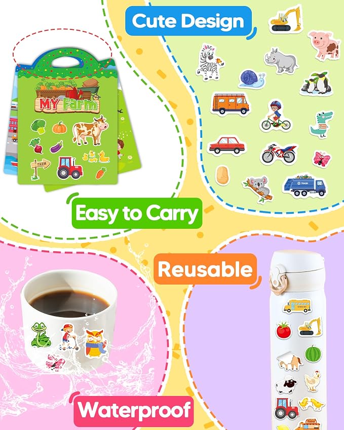 Benresive Reusable Sticker Book for Toddlers, Stickers for Kids, Travel Toy | Toddler Toys, Boys Girls Birthday Gifts, Airplane & Road Trip Essentials Kids, No Mess Waterproof Toddler Crafts Activities