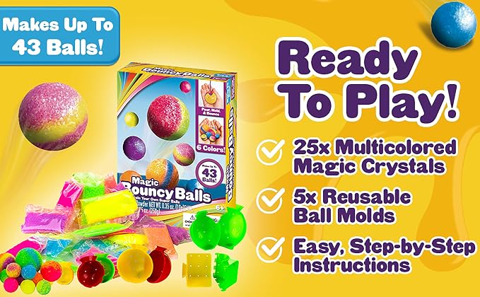 Creative Kids DIY Magic Bouncy Balls - 43 Ball Kit - STEM Science Toys | Makes Up to 43 Bouncy Balls, Includes 25 Multicolor Bags & 5 Molds, Science Activity & STEM Birthday Gift Set For Kids 6+